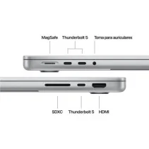Apple MacBook Pro 14' M5 Pro com CPU de 18 núcleos, 24GB de RAM, SSD de 2TB e GPU de 20 núcleos na cor prata.